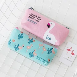 Korean Minimalist Cute Flamingos Canvas Bag, Student Girl Fresh Zipper, Large Capacity Stationery Bag School Supplies Stationary