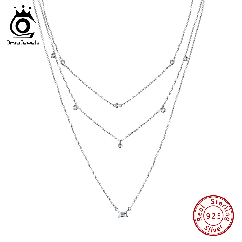 ORSA JEWEL Trendy 925 Sterling Silver Layer Bead Zirconia Necklace Long Pendants Tassel Neckchain For Women Fine Jewelry BQN10