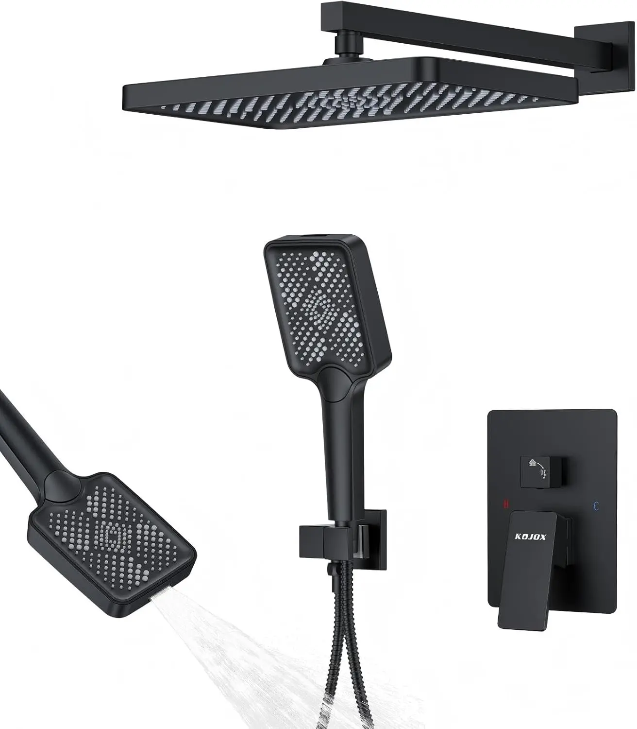 

13-дюймовая матовая черная душевая система с эффектом тропического дождя и ручным распылителем, полный комплект для ванной комнаты, включая смеситель и клапан