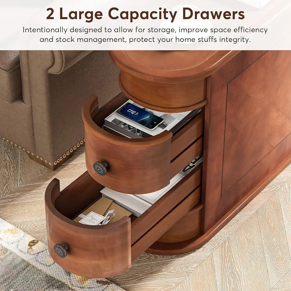 No Assembly Required Side Table Set of 2 with Drawers Vintage Slim End Table Storage Living Room Sofa Bedroom Office