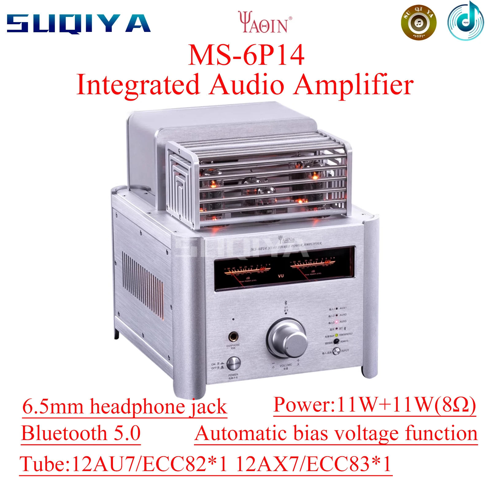 SUQIYA-YAQIN MS-6P14 Imported EL84 Vacuum Tube Bluetooth Amplifier 11W*2 Fever HiFi Power Desktop Speaker Factory Direct Sales