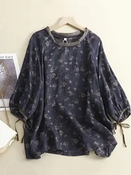 Spring Summer Women T Shirts Vintage Japan Style Flesh Flower Printing Trendy Loose Round Neck Casual Tops Tees Female Clothes