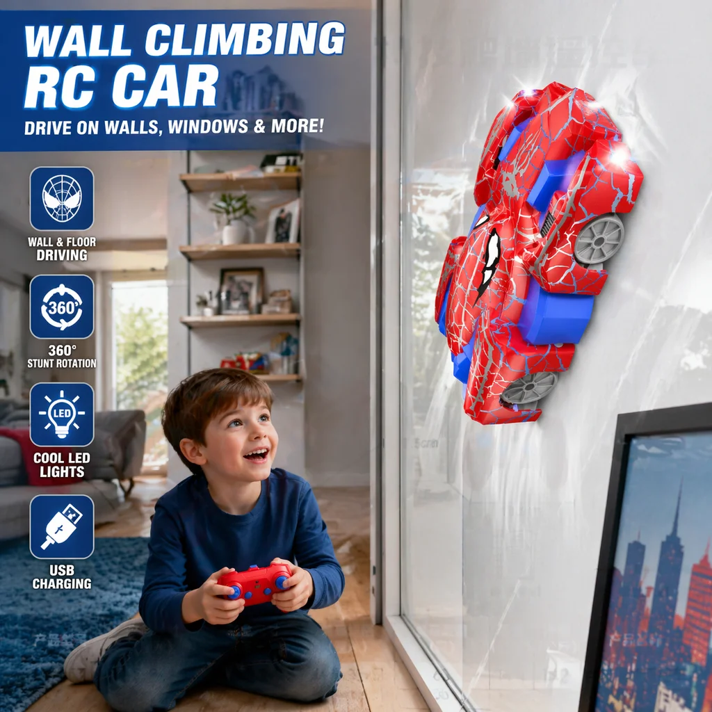 Red Blue Remote Control Stunt Car with LED Light, Rechargeable Wall-Glass Driving Toy Vehicle, Boys Birthday Christmas Gift