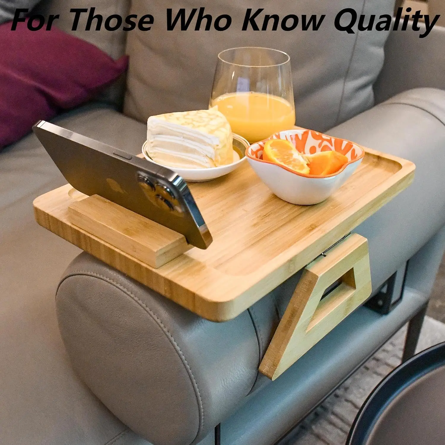 Clip‑on Couch Arm Tray, 360° Rotating Phone Holder, Solid Bamboo Side Table, Fits 6‑10 Inches Sofa Arms, Gift for Family
