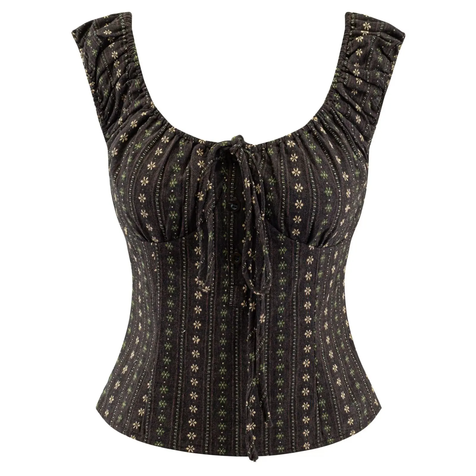 CHIC Women Floral Stripes Bow O Collar Elastic Strap Tank Top Slim Corset Lacing up Sashes Back Lace Hem Side Zipper Crop Vest