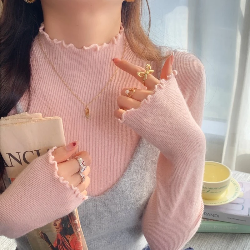 Autumn and Winter Fungus Edge Women's Knitted Bottoming Shirt New Gentle and Versatile Semi-turtleneck Slim-fitting Sweater