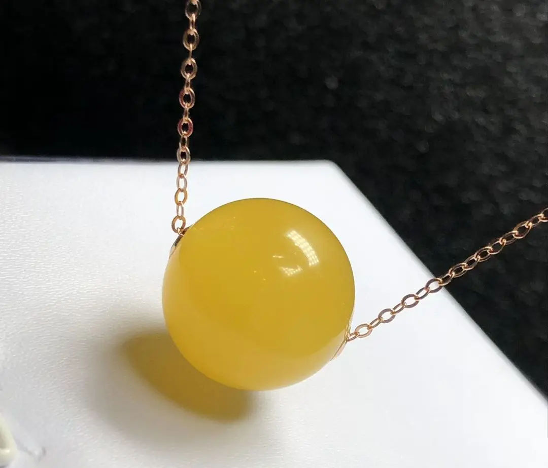 

Certificated 18K Solid Gold Necklace Natural Amber Bead Lucky Ball Pendant Silver Chain High End Genuine AU750 Gold Jewelry Gift