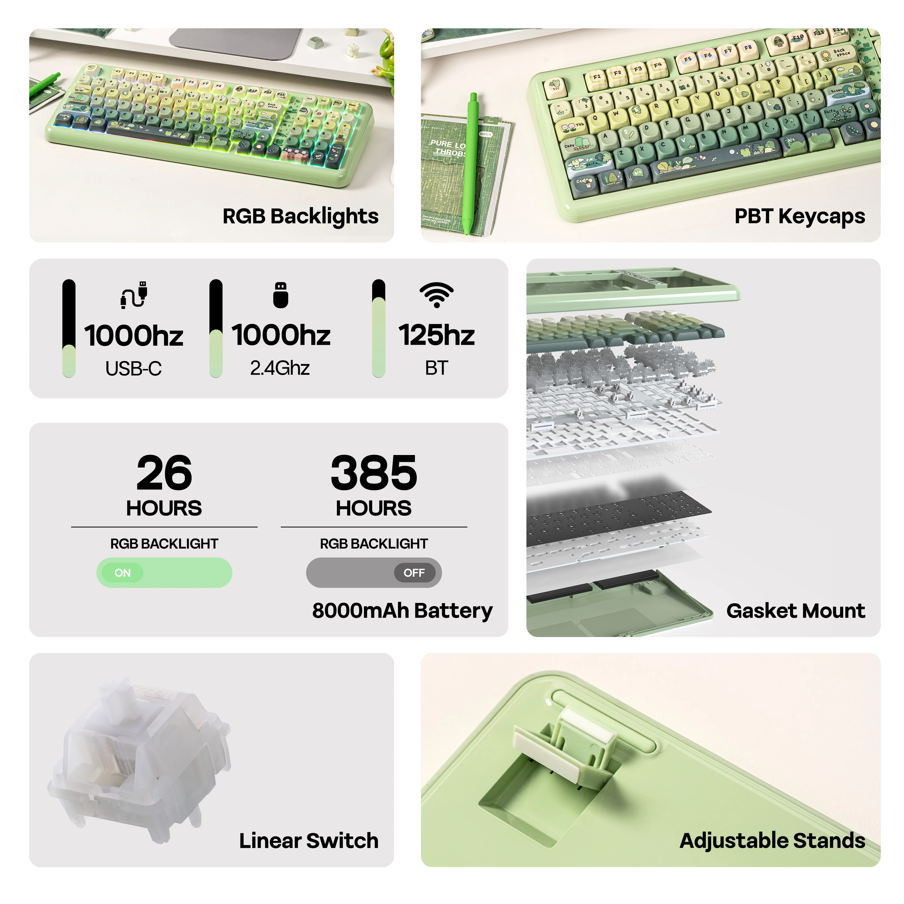 KiiBOOM Phantom98 Lite 96% ANSI US Layout Klawiatura mechaniczna z możliwością wymiany podczas pracy (Hot-Swap), przewodowa/Bluetooth/bezprzewodowa 2.4GHz, podświetlenie RGB, kompatybilna z Win/Mac — zdjęcie produktu 5
