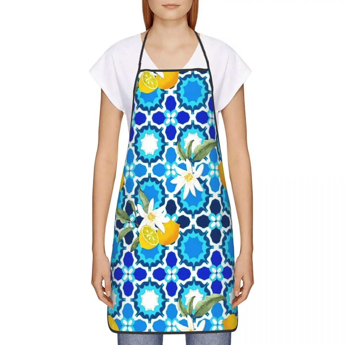 Custom Summer Mediterranean Lemons Fruit Tiles Apron Women Men Unisex Bib Kitchen Cooking Tablier Cuisine Chef Painting