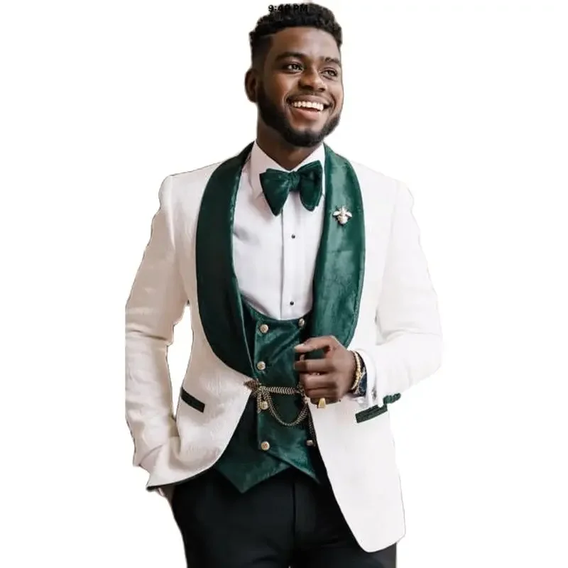 3 Pieces Groom Tuxedo for Wedding African Slim Fit Men Suits White Floral Pattern Jacket Green Velvet Vest with Black Pants 2024