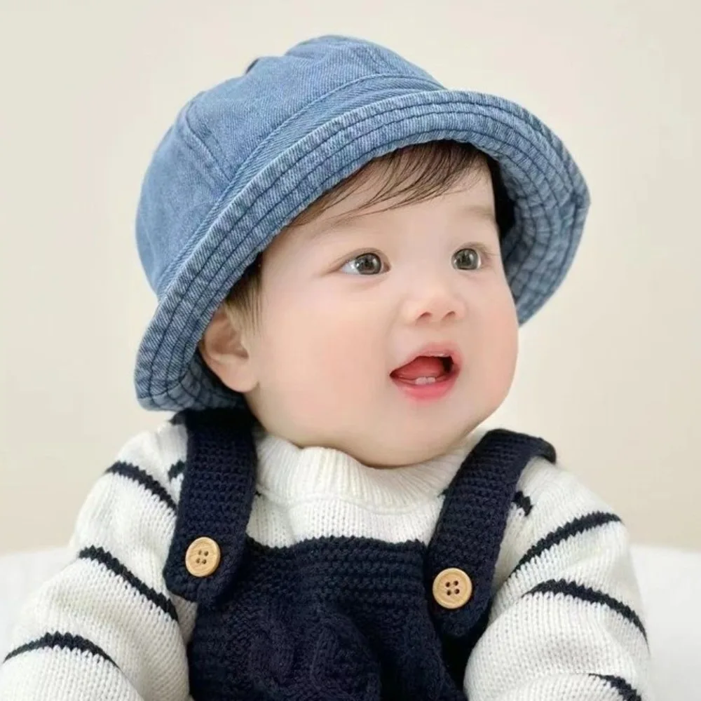 

Cloth Washed Denim Bucket Hat Korean Style Windproof Baby Sun Hat Solid Color sun protection Children Fisherman Cap Boys