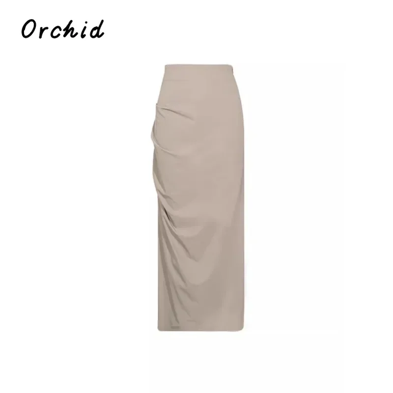 

2024 Summer Elegant Vintage Solid Color Shirring Mid Long Skirts Women's Casual Luxury Style High Waist Slim Fit Sexy Skirt