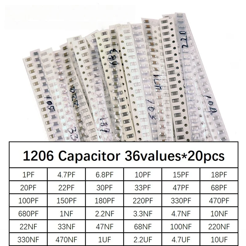 

Набор SMD-конденсаторов 1206, 36 номиналов * 20 шт. = 720 шт., 1 пФ ~ 10 мкФ, образцы, электронный набор для самостоятельной сборки