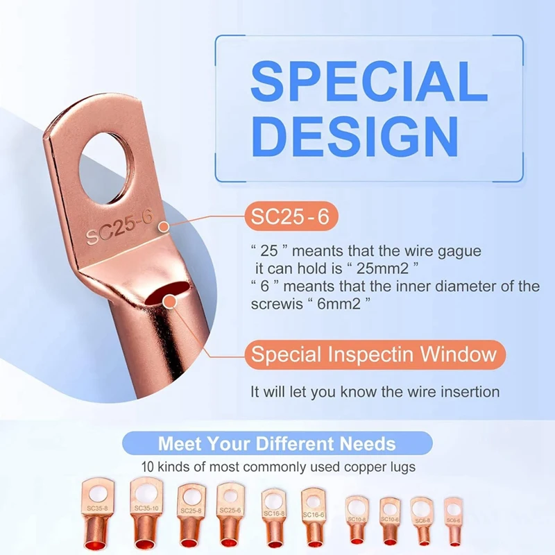 160Pcs Battery Terminal Connectors Kit AWG 2 4 6 8 10 12 Wire Connectors Set With Heat Shrink Tubing, Copper Wire Lugs