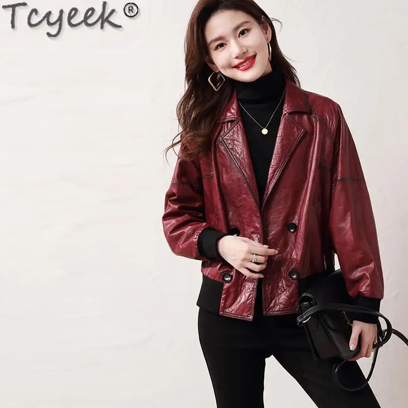 Tcyeek-Veste en cuir véritable pour femme, huile d'avertissement, peau de vache Combb 2024, vestes en cuir pour femme, vêtements d'automne