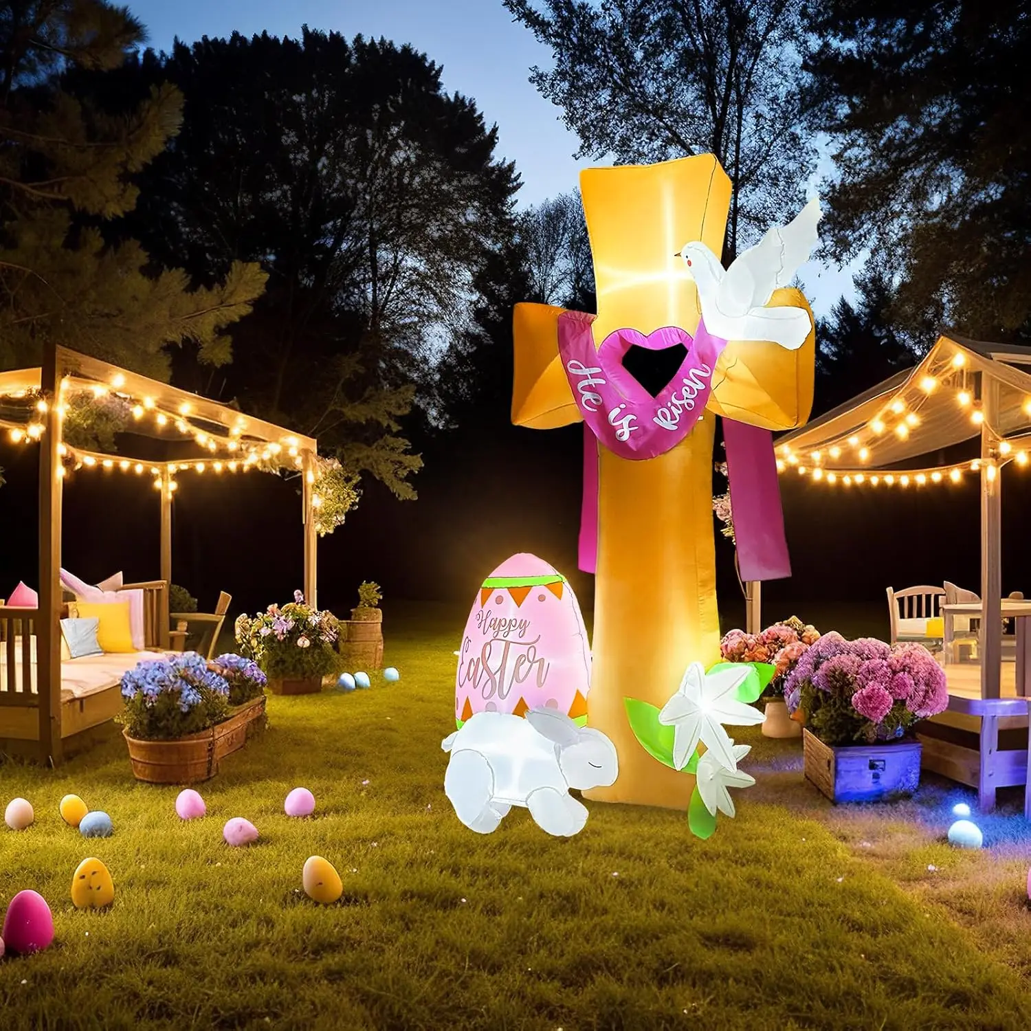 8ft Inflatable Easter Decoration Outdoor Inflatable Easter Bunny with LED Lights He is Risen Easter Decoration Yard Party Toys