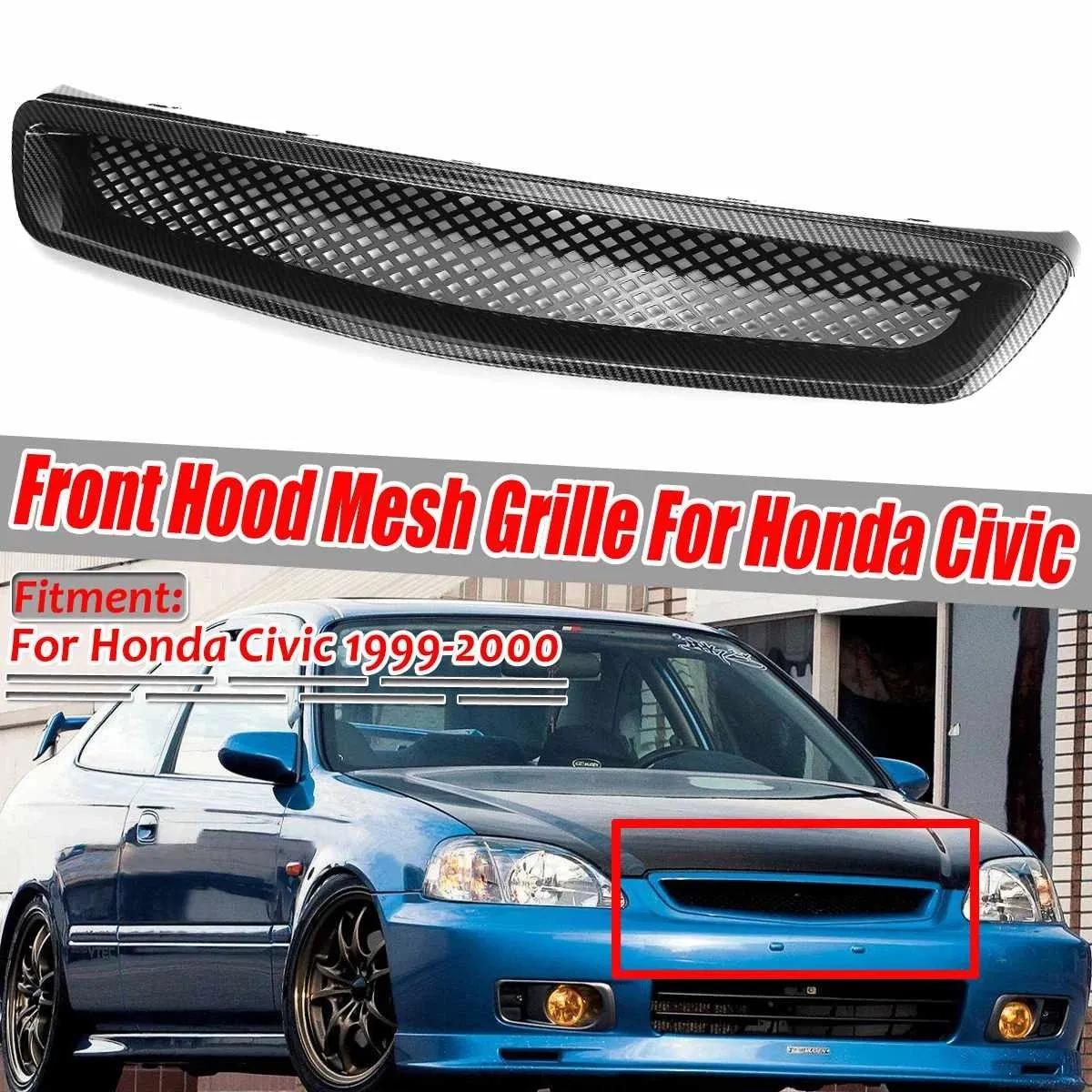 EK T-R Style Front Bumper Hood Mesh Grill Grille for Honda Civic EK CX DX EX HX LX Type R 1999-2000 Carbon Fiber Look