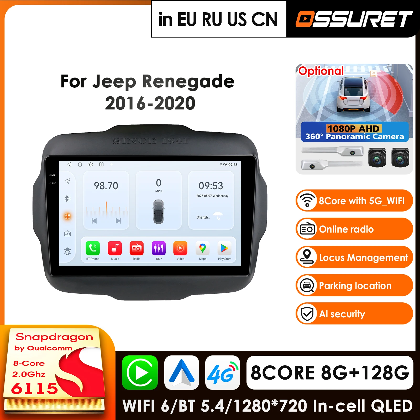 

Автомагнитола 2DIN с Carplay и Android Auto, GPS для Jeep Renegade 2016-2020, мультимедийный видеоплеер, навигация, стереосистема, 9-дюймовый экран, DSP