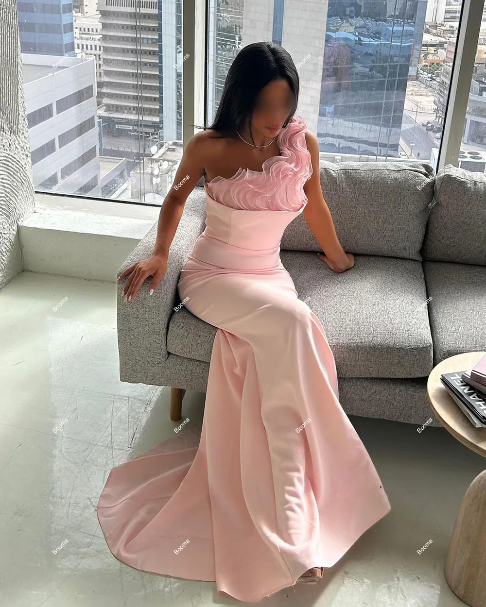 Booma Pink Mermaid Evening Dresses One Shoulder Sleeveless Ruffles Formal Occasion Gowns Dubai Wedding Party Dress with Train