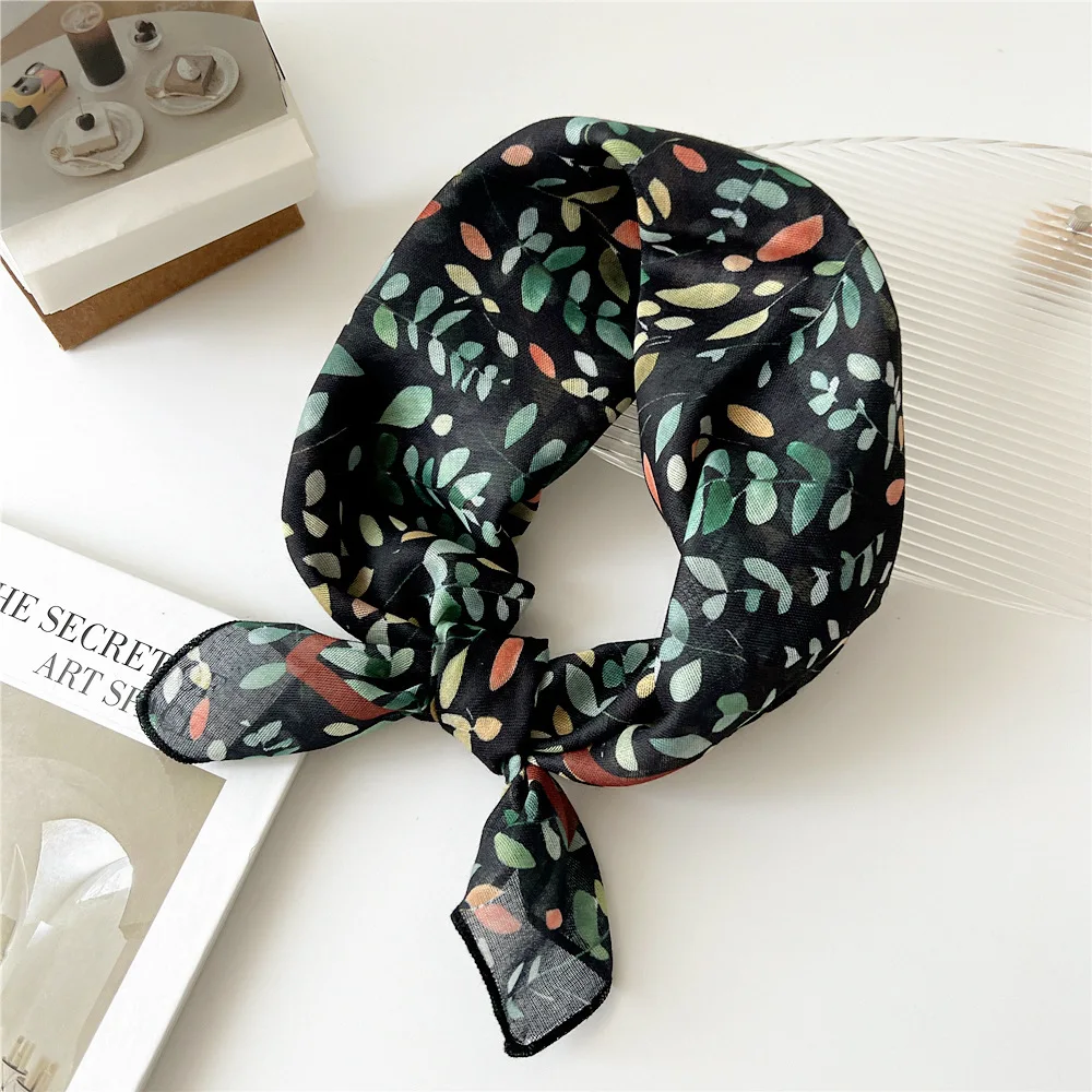 55cm Girls Cotton Linen Spring Summer Square Scarf for Women Korean Chic Headband Fashion Decorative Hairband Floral Neck Scarf image 3