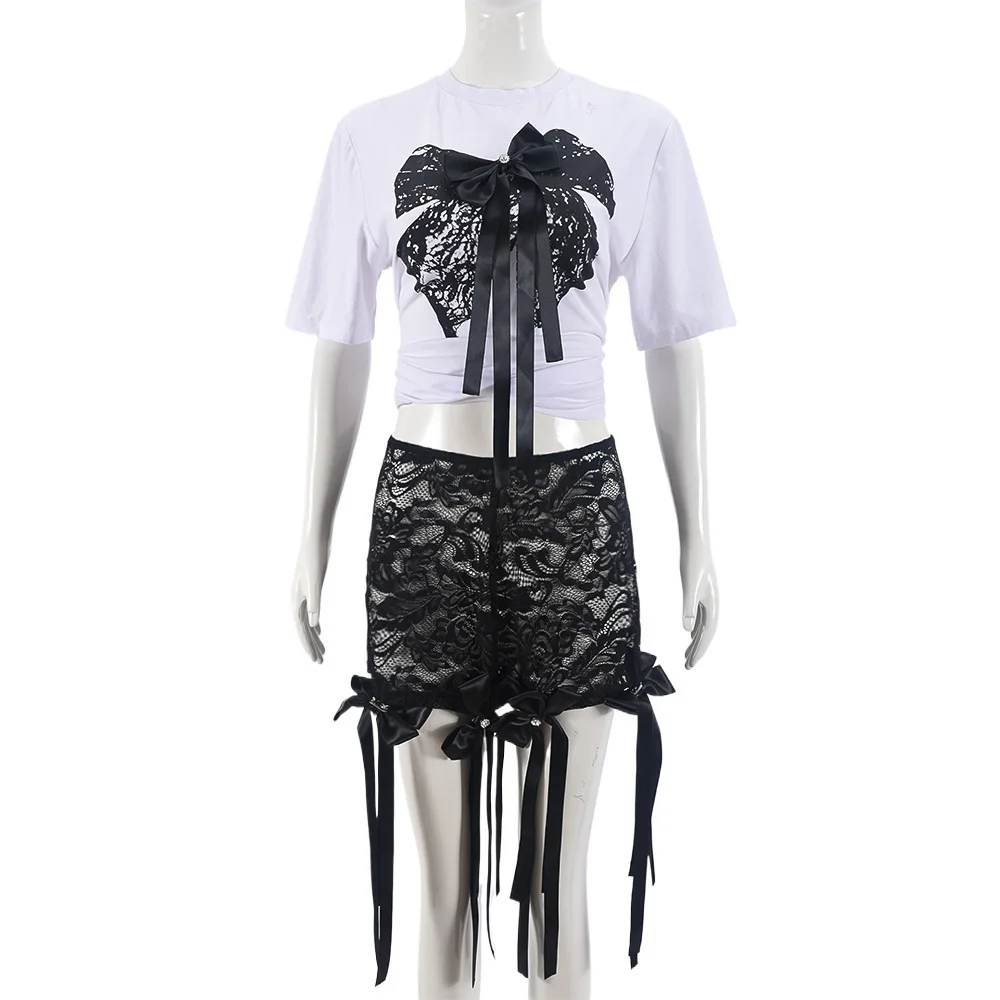 Sifreyr Fashion Bows 2 Piece Set Women Midnight Club Hottie Outfits Printed Short Sleeve Tops And Lace Shorts Y2K Matching Sets