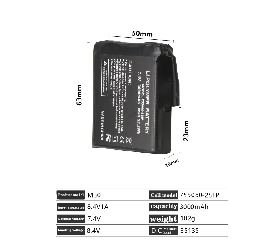 Cassaforte e durevole al 100%. 755060 -2S 7.4V 3000mAh guanti riscaldati ad alta potenza solette guanti sciarpe riscaldate calzini batteria