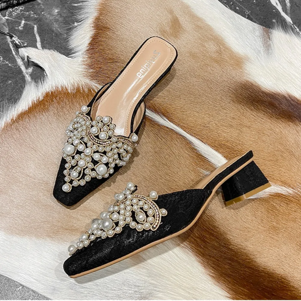 Autumn New Thick Heel Baotou Slippers Women Shoes with Pearl Decoration Square Head Half Slippers for Women\'s Outwear Sandals