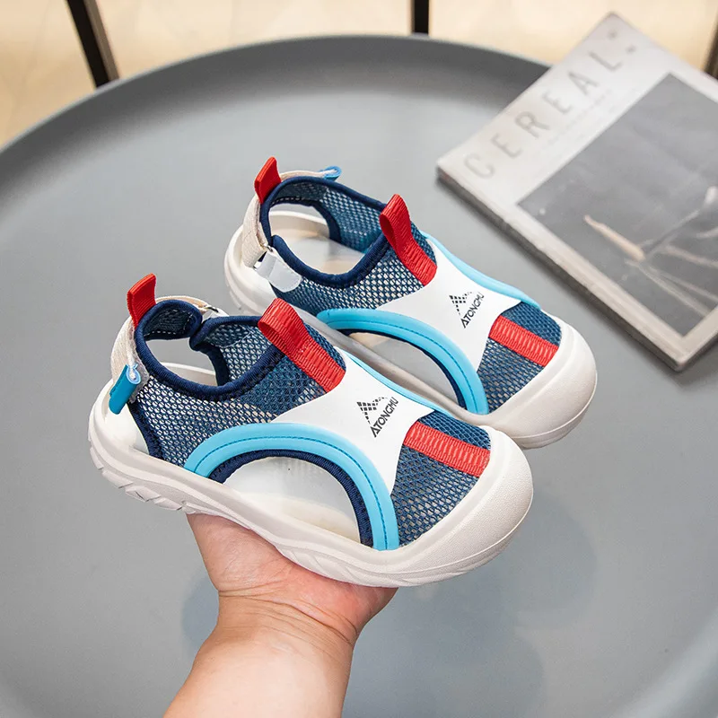 Kids Cover Toes Sandals Mesh Patchwork Girl's Boy Summer Shoes Rainbow Color Hollow Hoop Loop Child Barefoot Beach Shoes 2025
