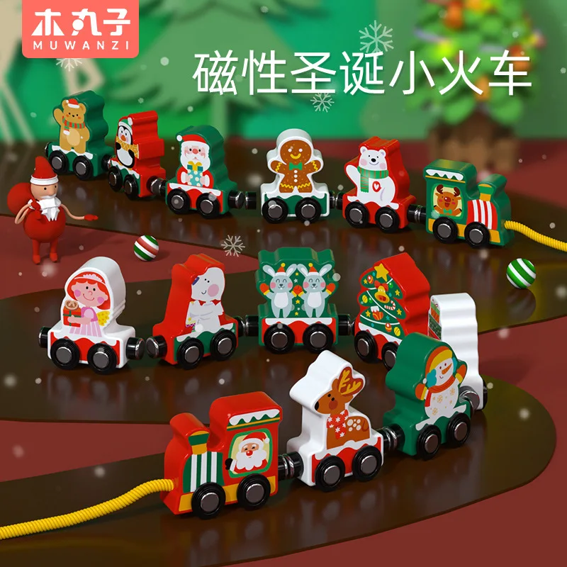 Magnetic Wooden Christmas Themed Train Set, Diy Splicing For Children Puzzle Toys Inertial Small Train,XT169