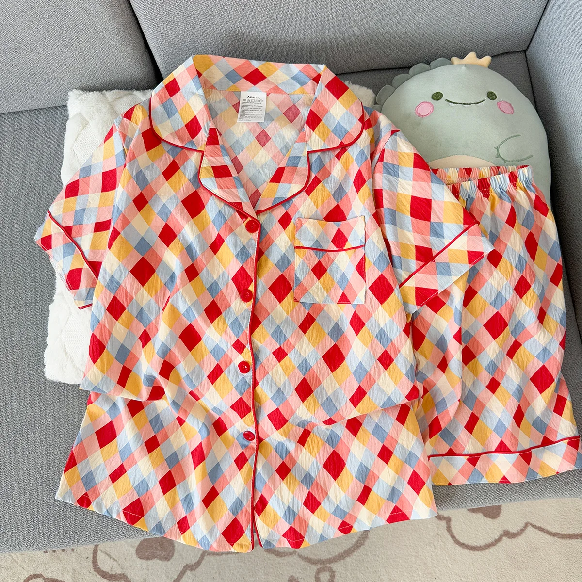 Women's Summer Pajamas, Thin Plaid Pattern Short-Sleeved Shorts, Sweet and Cute, Can Be Worn Outside in Summer, Two-Piece Home Wear Set