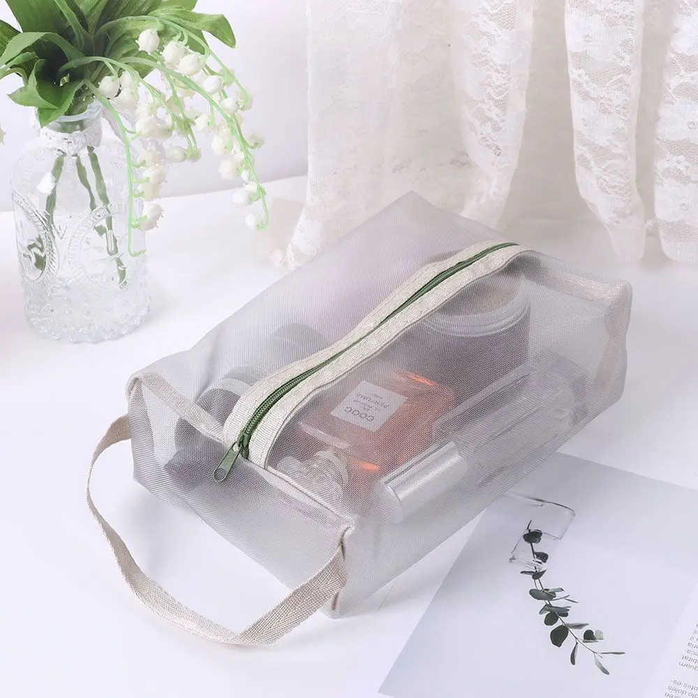 Organizador de artículos de tocador duradero para mujer, bolsa de maquillaje de hilo de red multifunción, verde y gris