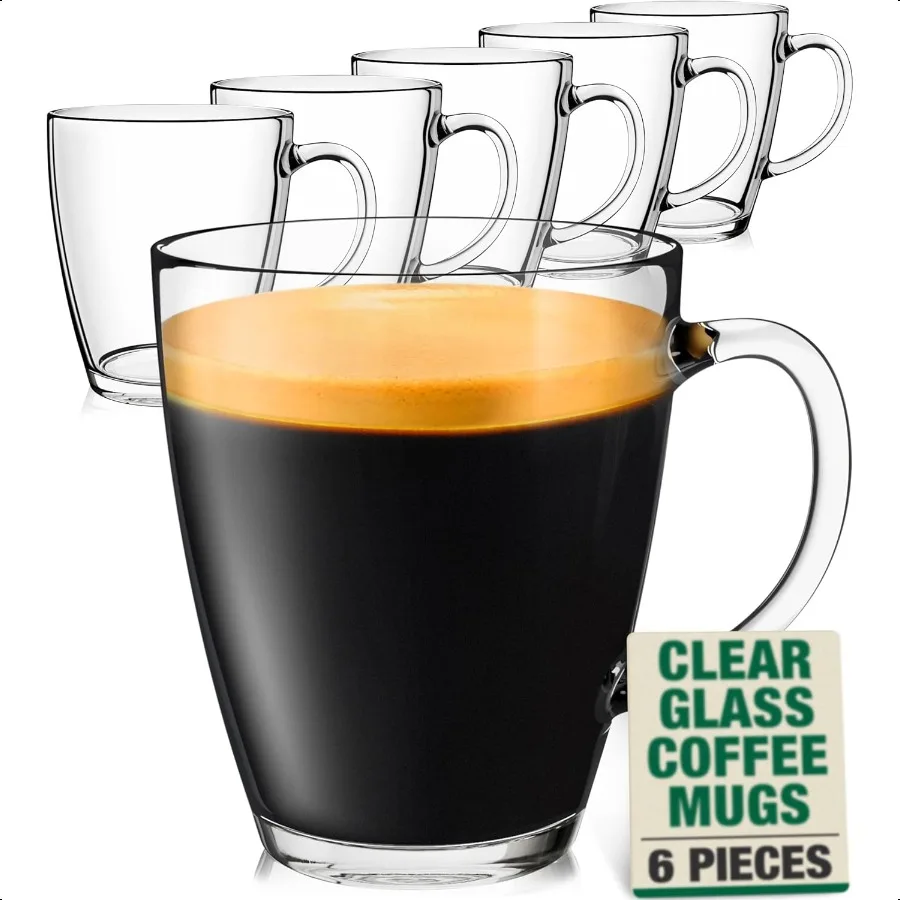 

Epare 12 oz Clear Tempered Glass Coffee Mugs Set of 6 for Hot Beverages Durable Giftable Tea Coffee Glass Cup with Handle