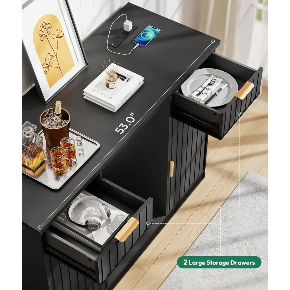 خزانة بار القهوة المخددة مع مساحة الثلاجة - خزانة بار النبيذ مع درج وتخزين الباب، وحامل ثلاجة صغير مع مخرج طاقة