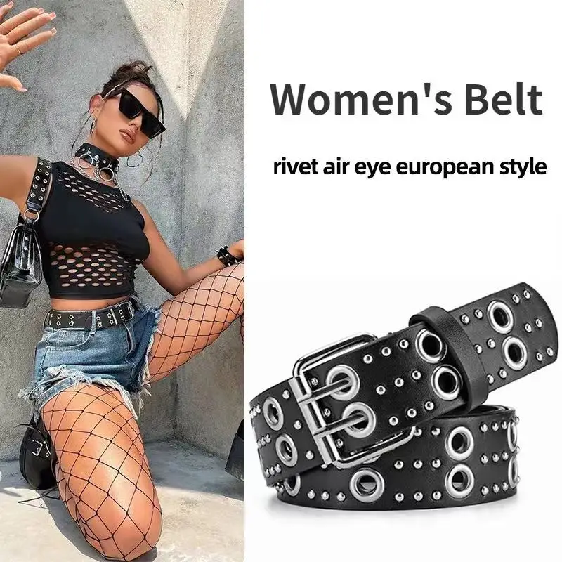 New Rivet Eye PU Belt for Women Y2K Style Minimalist Fashion Decoration Jeans Hollow Gothic Metal Belt Clothing Accessories