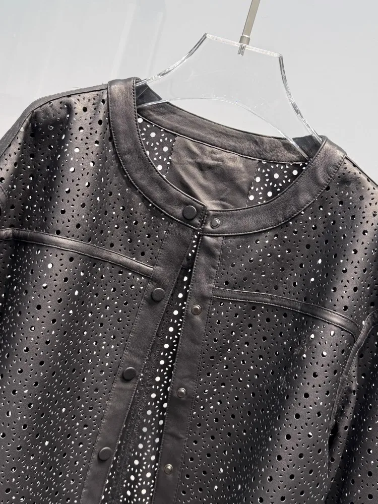 Vintage feminino outono oco para fora pele de carneiro jaqueta de couro genuíno único breasted o pescoço solto ajuste designer festa casaco outerwear