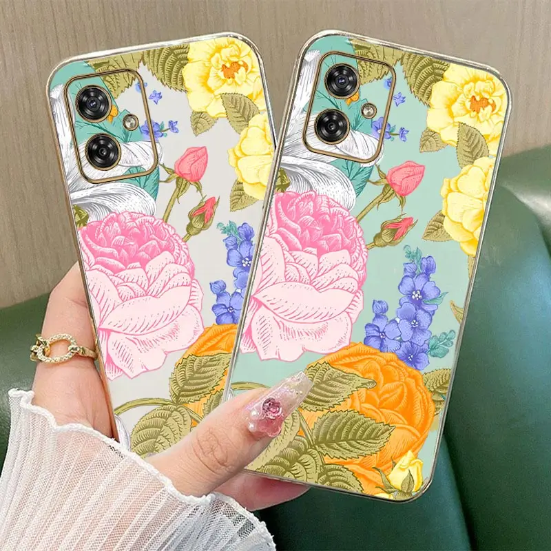 G54 Showy Flowering Luxury Plating Phone Case For Motorola Moto G54 Shatterproof Camera Protection G54 Thin Soft Back Cover