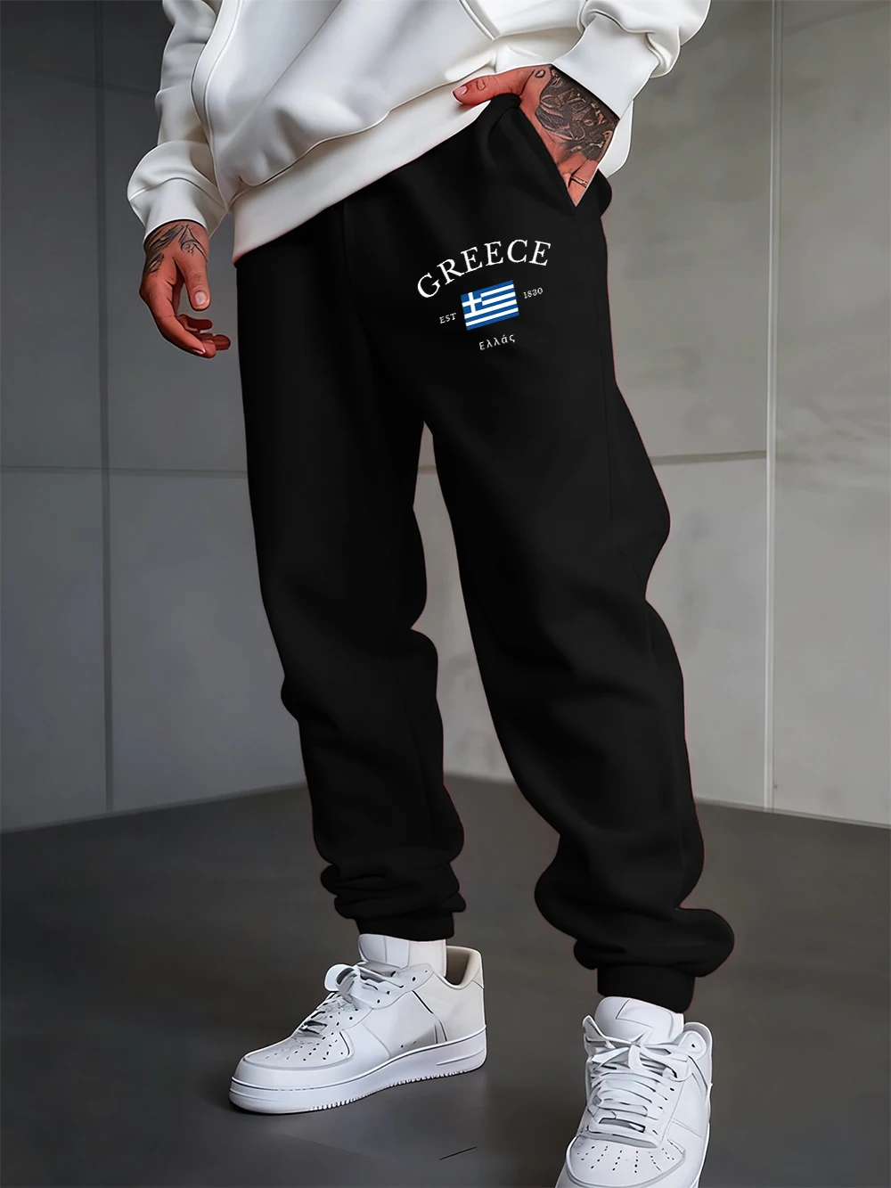 Greece Est 1830 Letter Printed Sweatpants Men'S Pocket Jogger Pants All-Match Elastic Waist Fleece Trousers Fashion Men Clothing