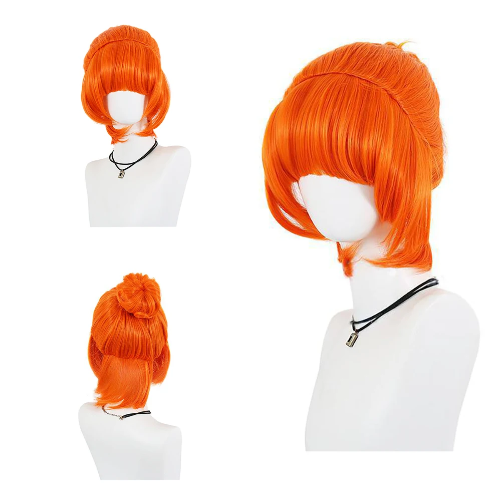 

35cm Lucy Wilde Cosplay Wig Bright Orange Half Up Bun with Bangs Heat Resistant Synthetic Hair For Women Anime Halloween Party