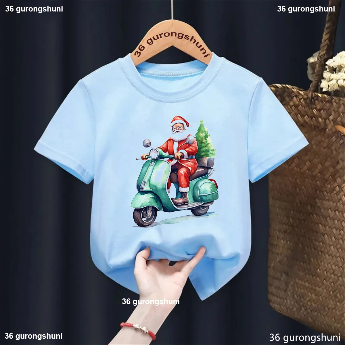 

Christmas Gift Printed Tshrt Girls/Boys Santa Claus Rides A Motorcycle Kids Clothes Gift White Blue Yellow T Shirt