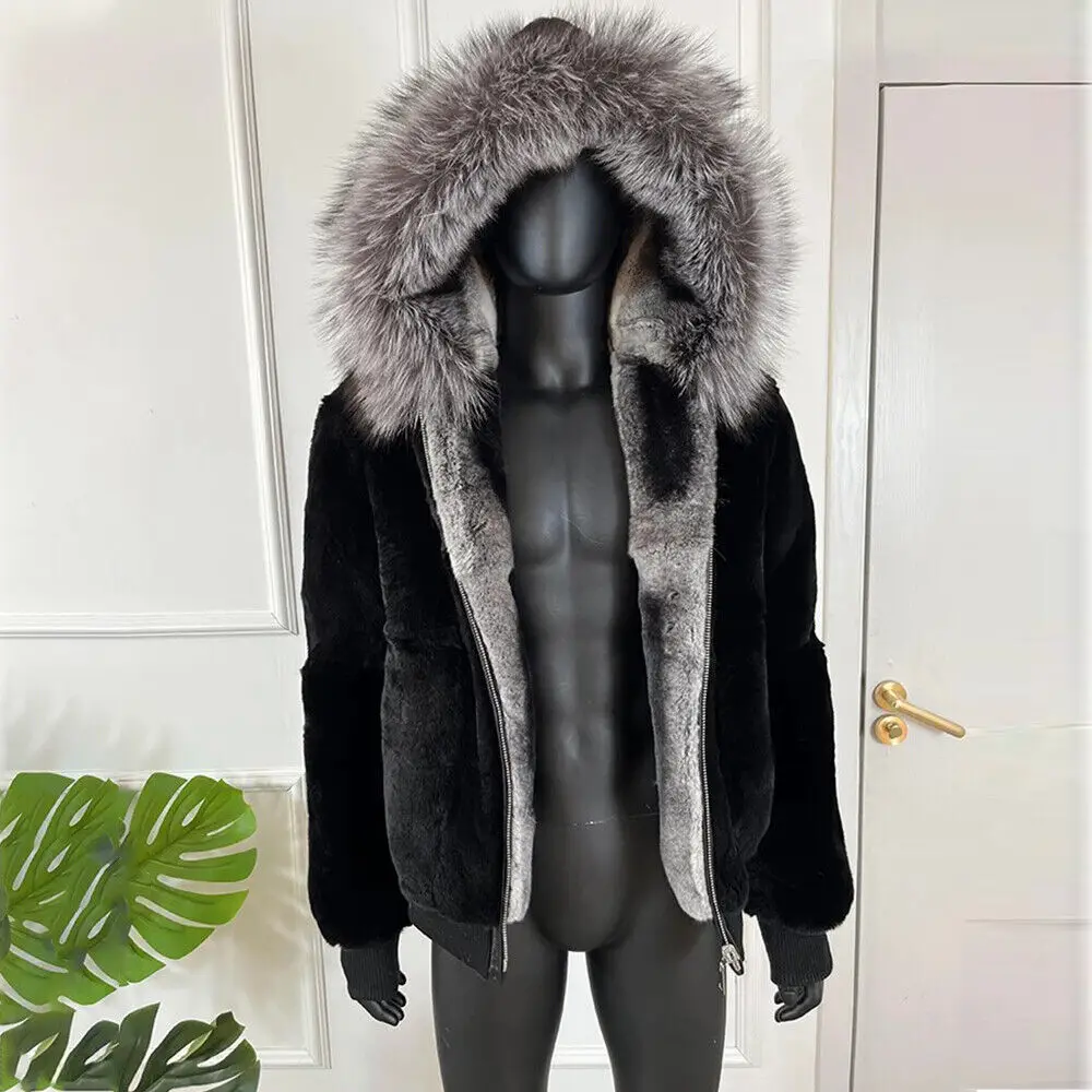 Men Luxury Chinchilla Coat Real Rex Rabbit Fur Jacket with Fox Fur Trim Winter Natural Fur Warm Outwear Fashion Genuine Fur Coat