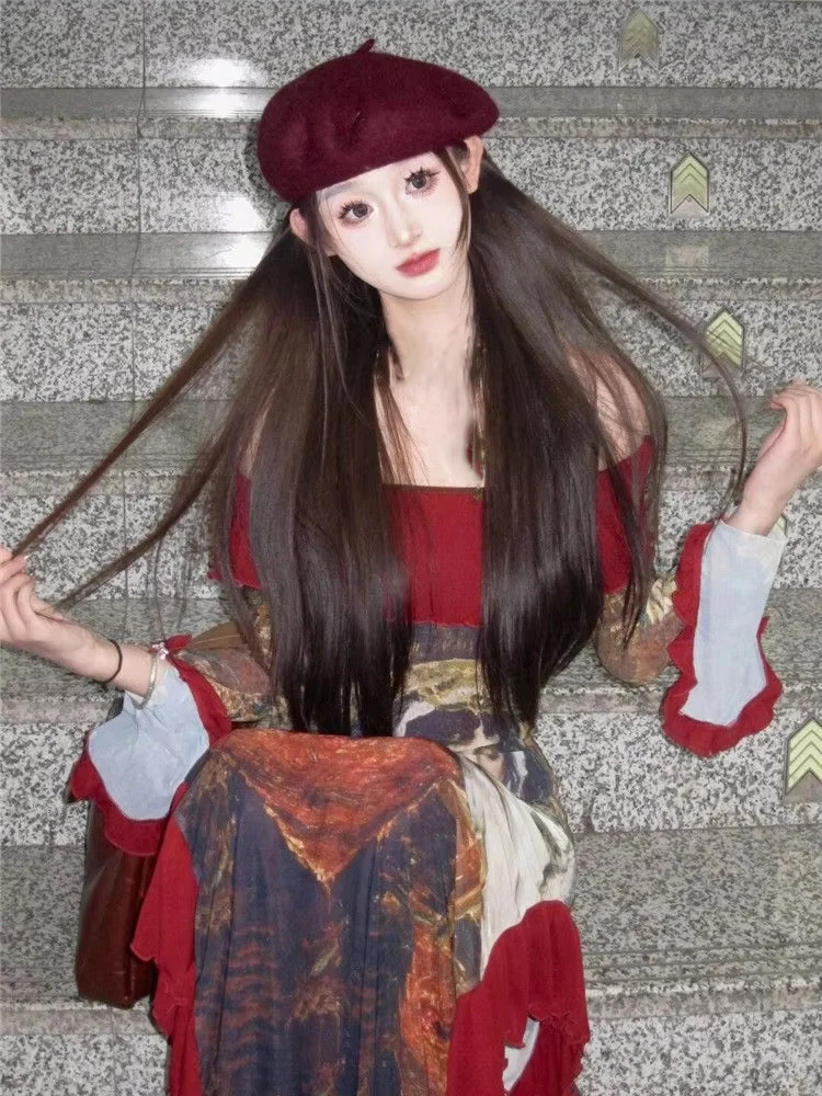 فستان أنيق عتيق مطبوع باللون الأحمر للنساء فساتين صيفية كبيرة الحجم بقصة ضيقة جديدة بدون أكتاف وأكمام طويلة من Vestidos Mujer