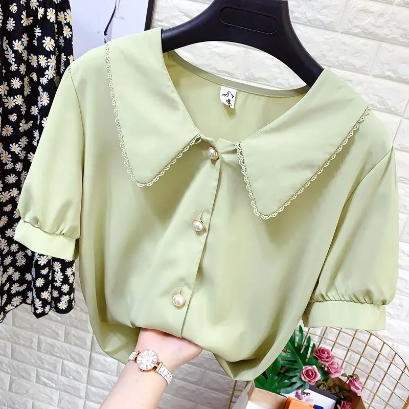 French Style Doll Neck Short Sleeved Chiffon Shirt for Women\'s Summer Loose Slimming Pearl Button Casual Commuting Trendy Top