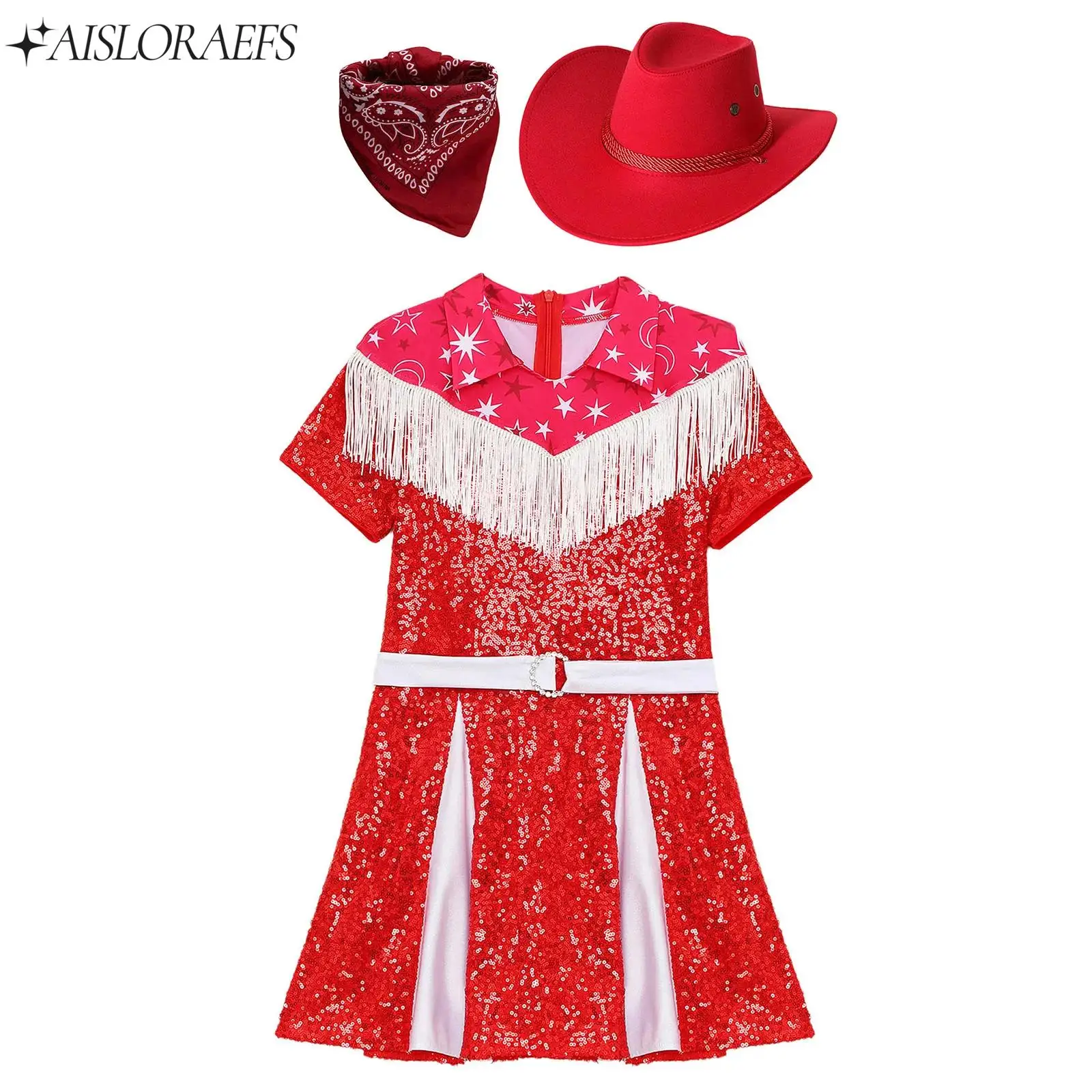 3 stks meisje westerse cowgirl cosplay kostuum pailletten geplooide jurk met cowboyhoed + bandana voor kerst halloween party dress up