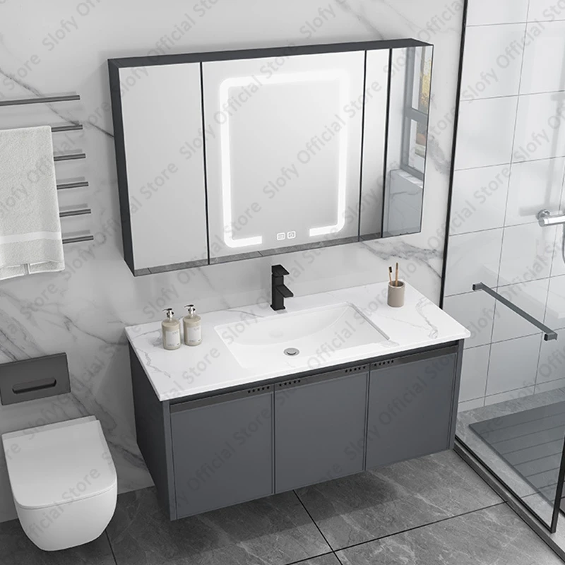 Multifunctional Bathroom Vanity White Grain Countertop Modern Cabinet Mirror Cabinet Integrated Ceramic Sink Bathroom Furniture