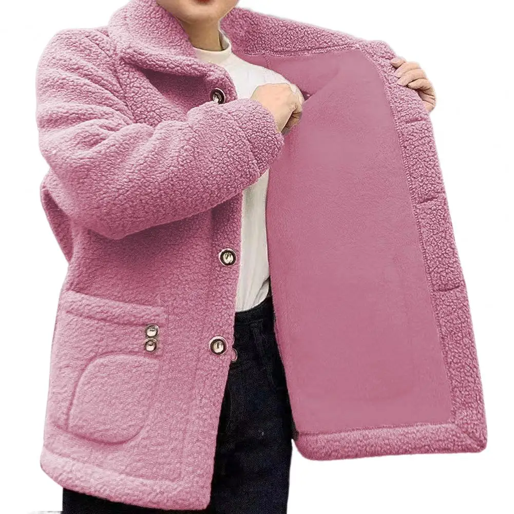 Women Loose Fit Coat Cozy Winter Fleece Coat with Side Pockets Turn-down Collar Coldproof Outwear Jacket for Women Stylish Long