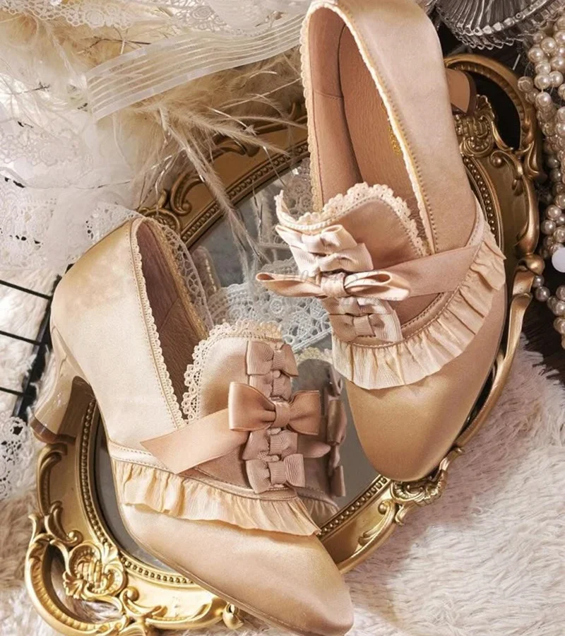 

Cosplay Sweet Satin Bow Mary Jane Shoes 2025 New Round Toe Pink/blue Cute High Heels Women's Luxury Designer Party Loita Shoes