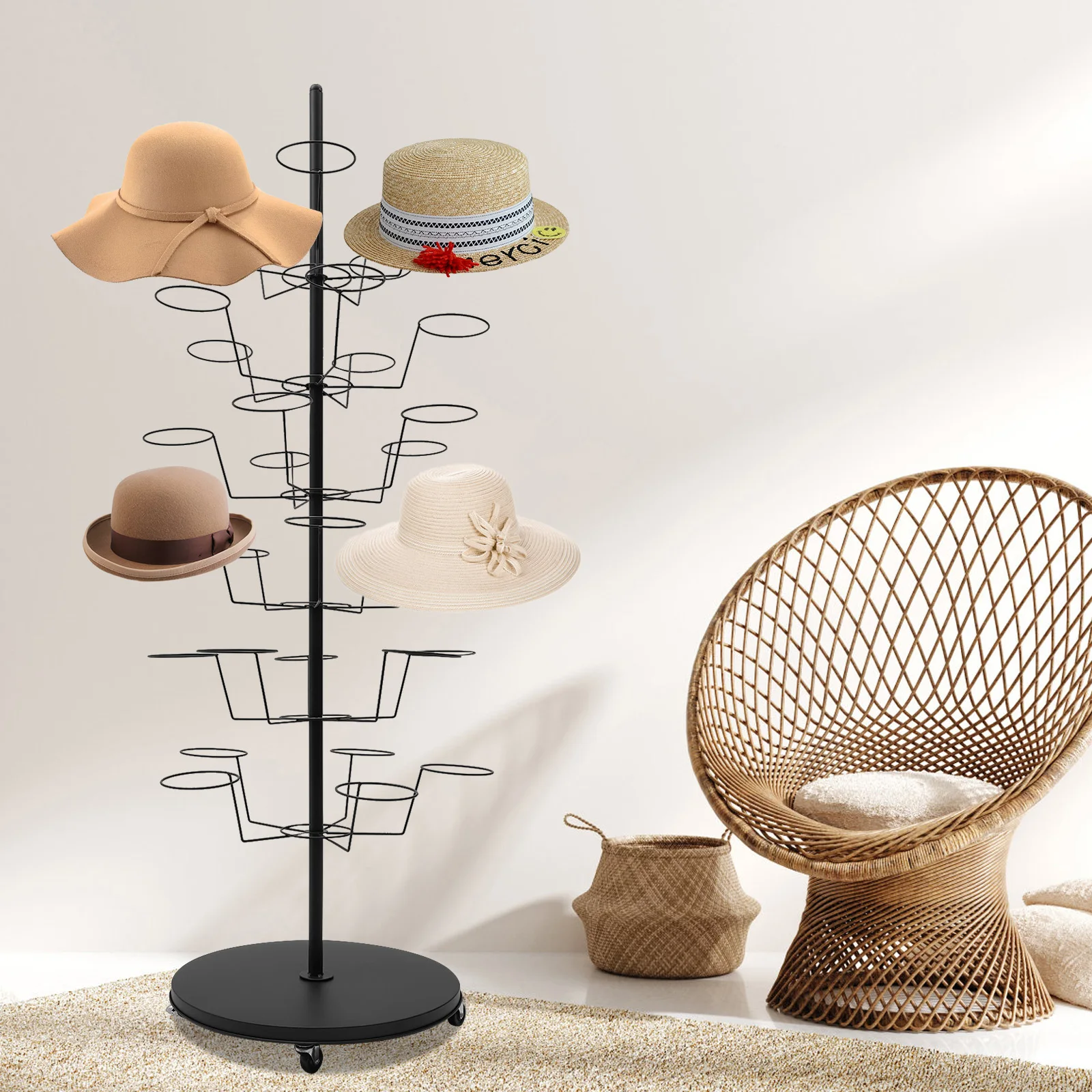 6-Tier Hats Display Rack 30 Hat Holders Hat Headwear Rack Cap Organizer with Wheels Standing Metal Hat Hanger Floor Standing