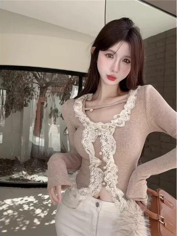 Sweet Spicy Girl Lace Splice Knitted Sweater Women's Autumn Winter New Style Slim Short Design Long Sleeve Versatile Top