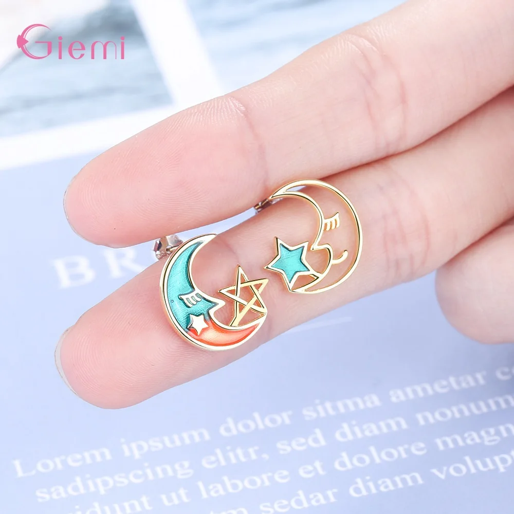 لطيف الحلو 925 فضة التدرج القمر ستار الصقيل وأقراط للنساء الفتيات الذكرى حزب الأزياء والمجوهرات الهدايا #5