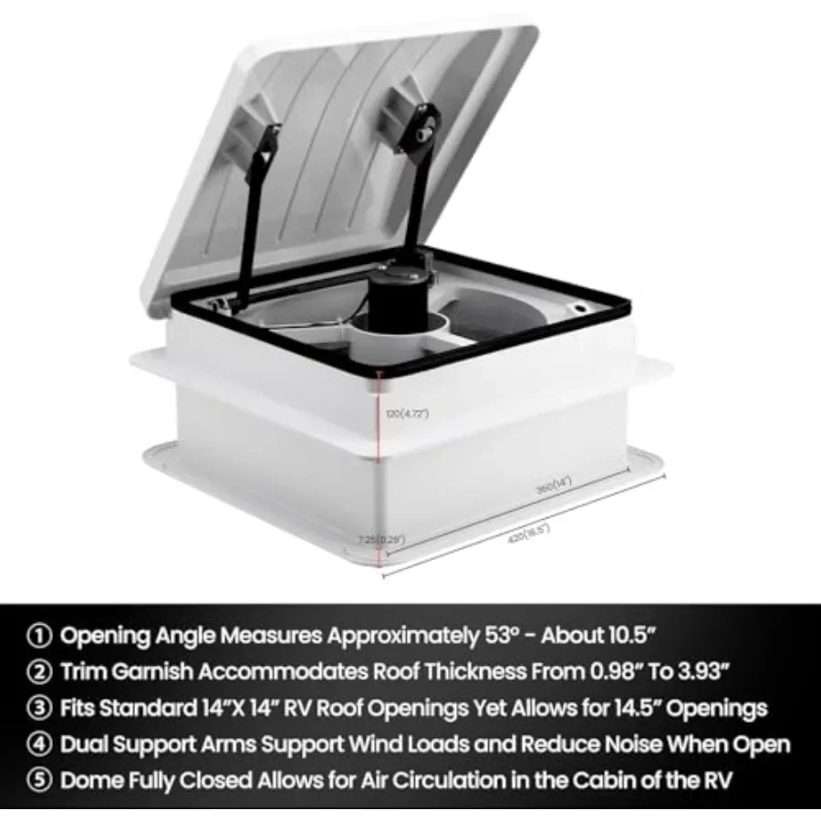 RV roof vent fan for USA use, ABS plastic, white, 12-volt reversible 4-speed with touch controls and manual operation view 5